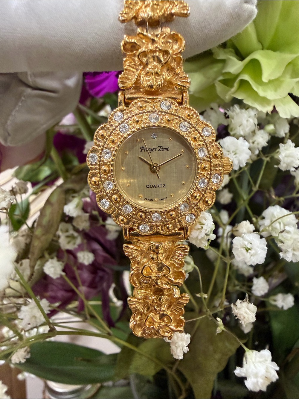 Vintage Prayer Time Angel Watch 26mm Gold Ornate Rhinestone Flower Link F16825